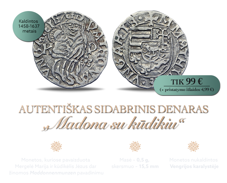 Autentiškas sidabrinis denaras „Madona su kūdikiu“