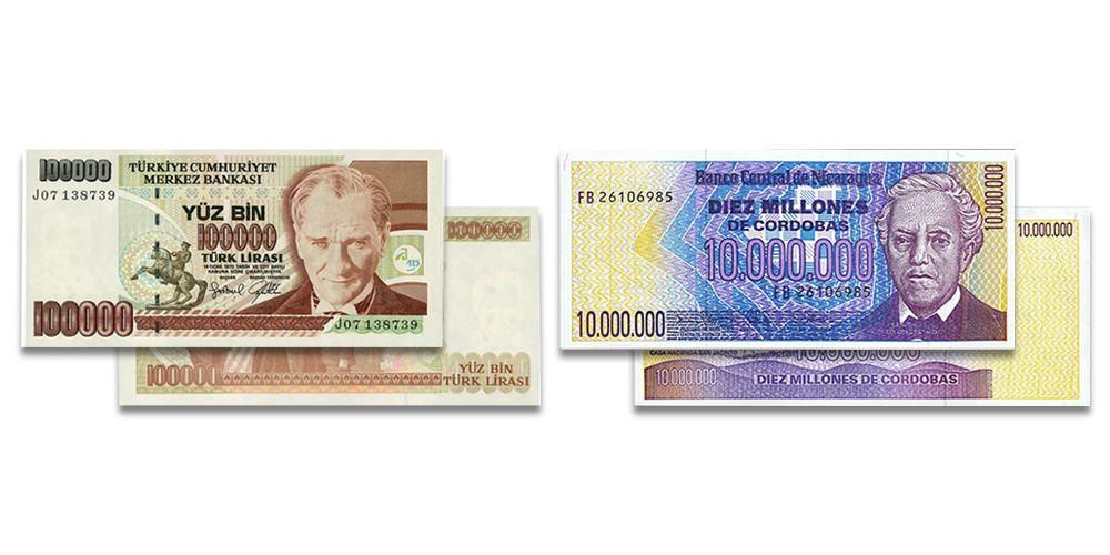 Nikaragvos 10 milijonų kordobų ir Turkijos 100 tūkstančių lirų banknotai
