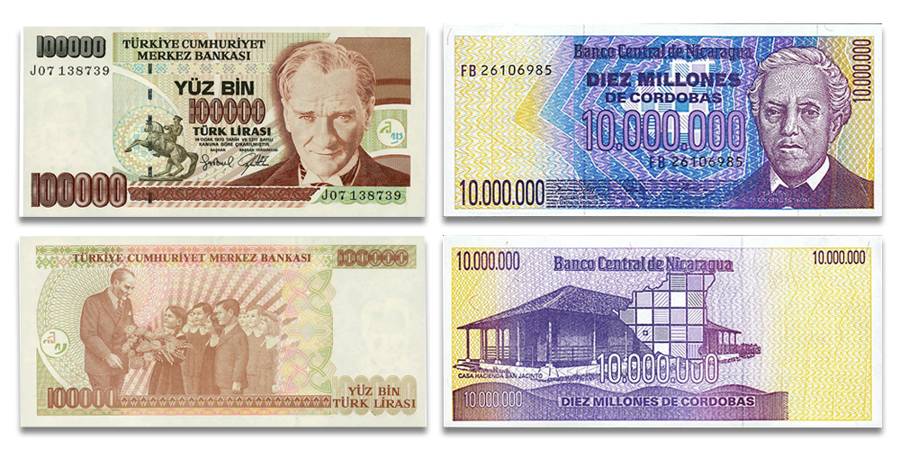 Nikaragvos 10 milijonų kordobų ir Turkijos 100 tūkstančių lirų banknotai1