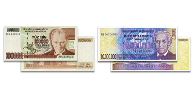 Nikaragvos dešimt milijonų kordobų ir Turkijos šimto tūkstančių lirų banknotai