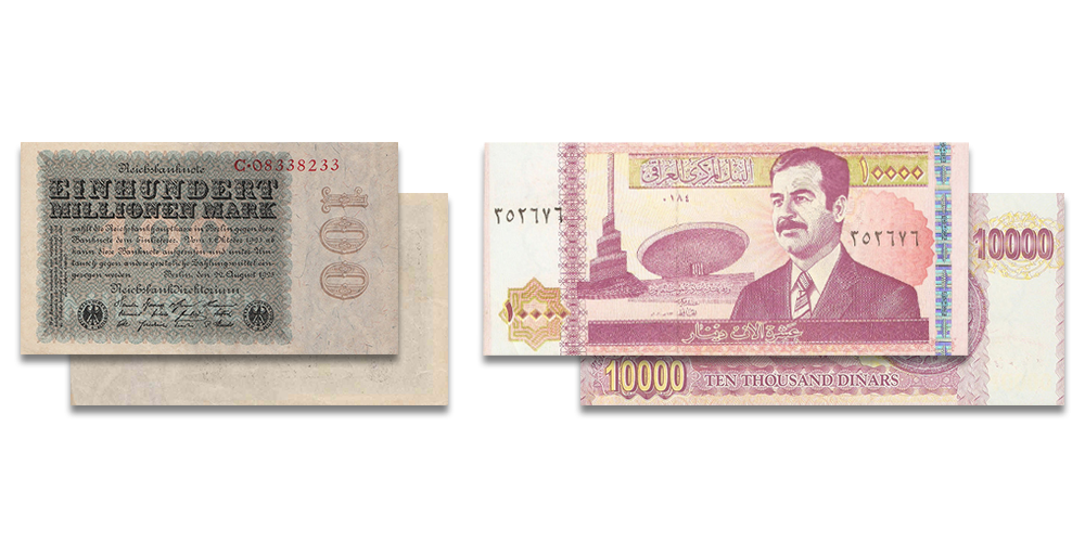 Vokietijos 100 milijonų markių ir Irako 100 tūkstančių dinarų banknotai