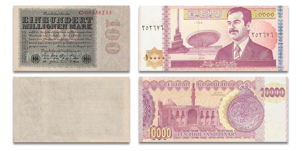 Vokietijos 100 milijonų markių ir Irako 100 tūkstančių dinarų banknotai1