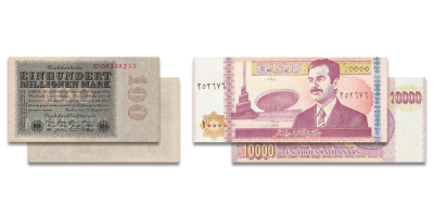 Vokietijos šimto milijonų markių ir Irako šimto tūkstančių dinarų banknotai