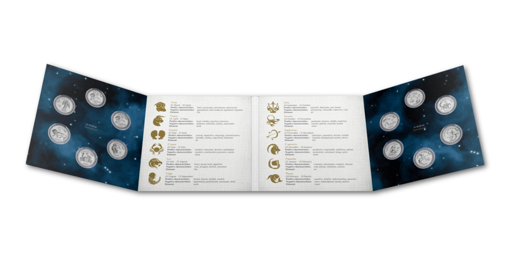 12 monetų rinkinys „Zodiako ženklai“ dėklas