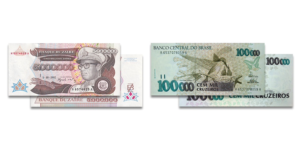 Zairo 5 milijonų zairų ir Brazilijos 100 tūkstančių kruzeirų banknotai