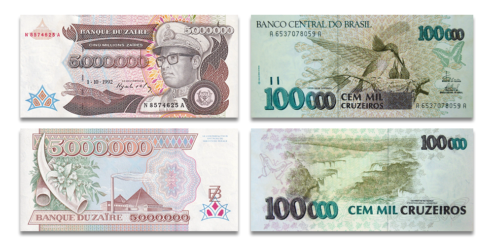Zairo 5 milijonų zairų ir Brazilijos 100 tūkstančių kruzeirų banknotai1