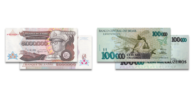 Zairo penkių milijonų zairų ir Brazilijos šimto tūkstančių kruzeirų banknotai