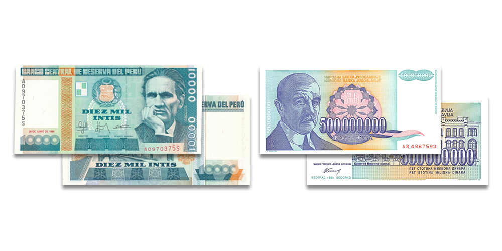 Jugoslavijos 500 milijonų dinarų ir Peru 10 000 inčių banknotai