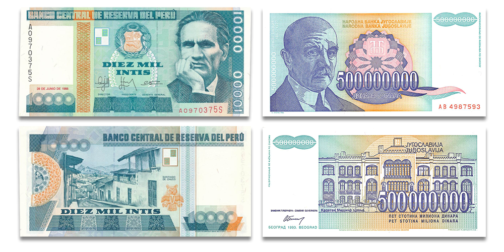 Jugoslavijos 500 milijonų dinarų ir Peru 10 000 inčių banknotai1