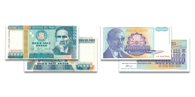 Jugoslavijos penki šimtai milijonų dinarų ir Peru dešimties tūkstančių inčių banknotai