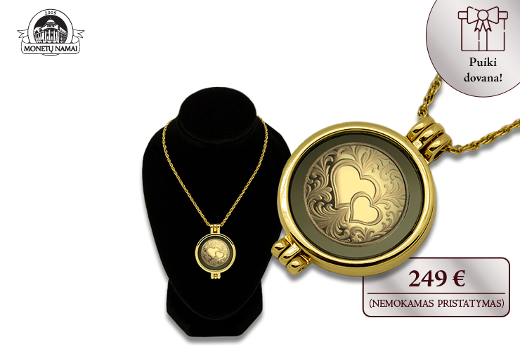 Medalionas su gryno aukso moneta &bdquo;Dvi &scaron;irdys&ldquo;