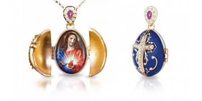 Mėlynas kiaušinio formos pakabukas su Swarovski kristalais „Švenčiausioji Jėzaus Širdis“