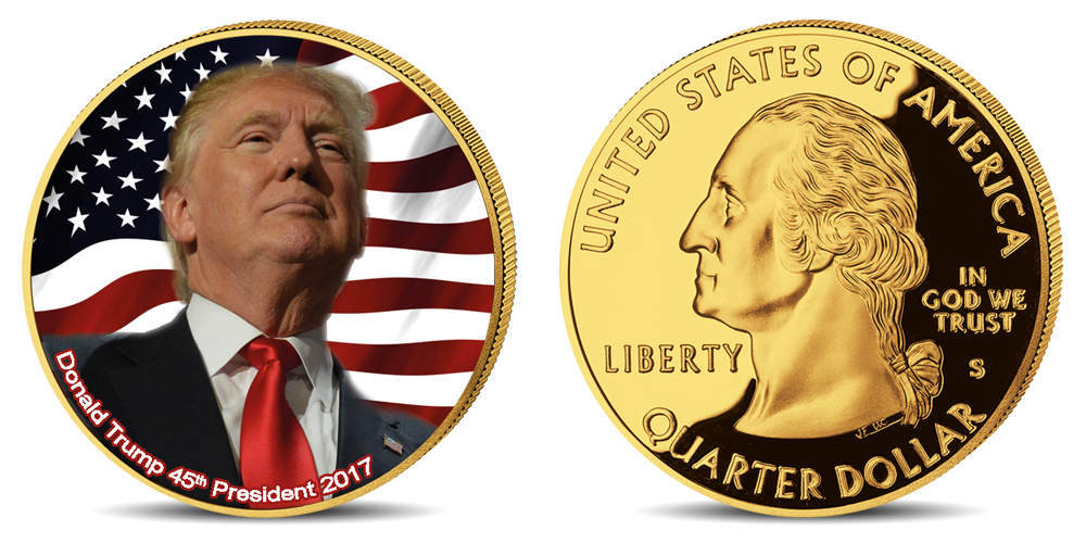 Auksu padengta ir spalvomis puošta moneta „Donaldas Trampas“ Auksu padengta ir spalvomis puošta moneta „Donaldas Trampas“