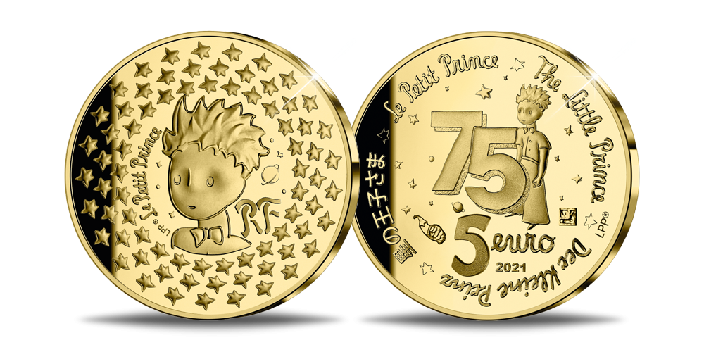 Auksinė moneta, skirta 75-osioms Antuano de Sent Egziuperi pasakos „Mažasis princas” išleidimo metinėms