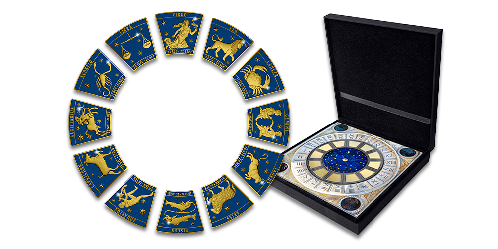Monetų rinkinys „Venecijos šv. Morkaus bokšto laikrodžio Zodiako ženklai“ Monetų rinkinys „Venecijos šv. Morkaus bokšto laikrodžio Zodiako ženklai“